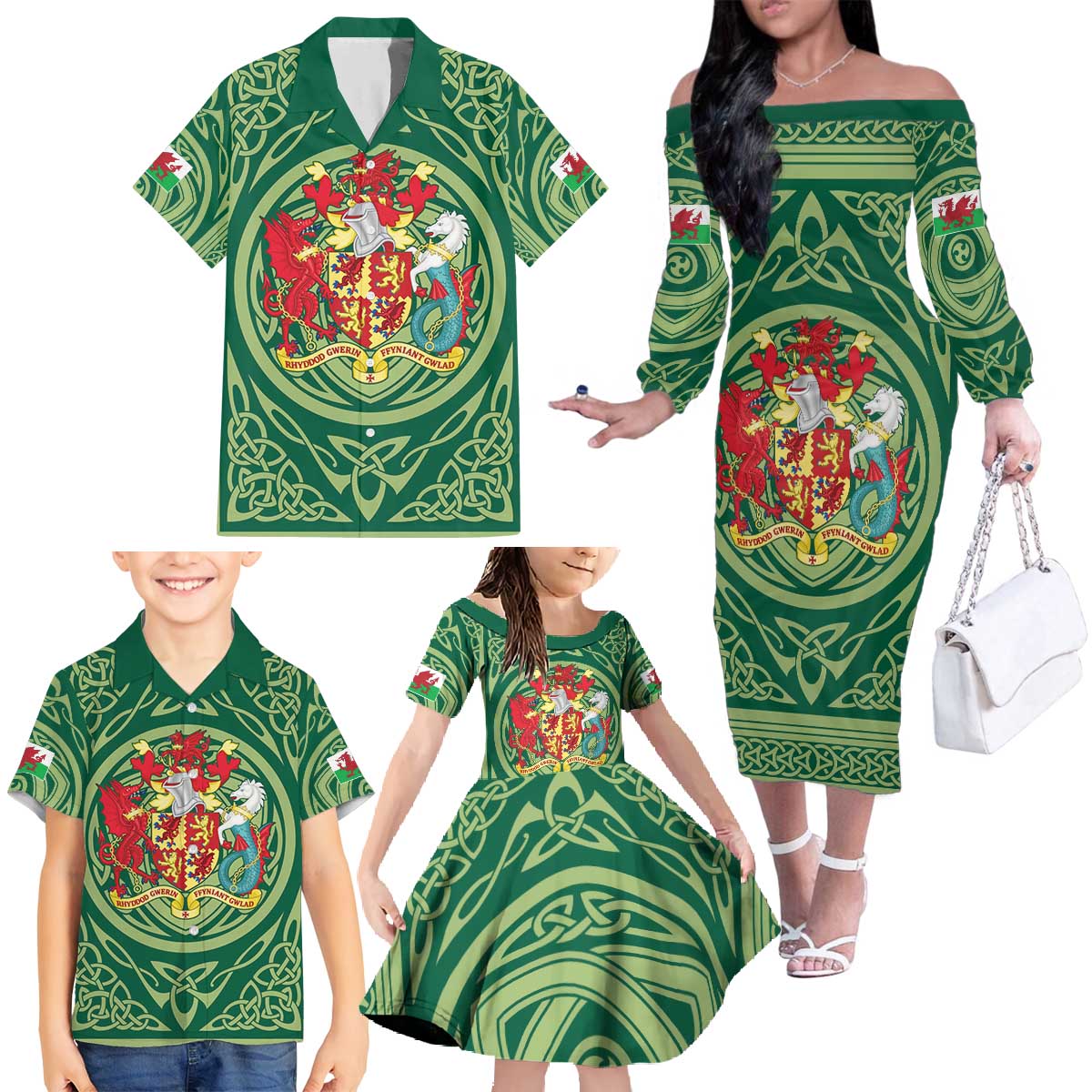 Personalized Carmarthenshire Wales Family Matching Off The Shoulder Long Sleeve Dress and Hawaiian Shirt Map and Emblem Celtic Style - Wonder Print Shop
