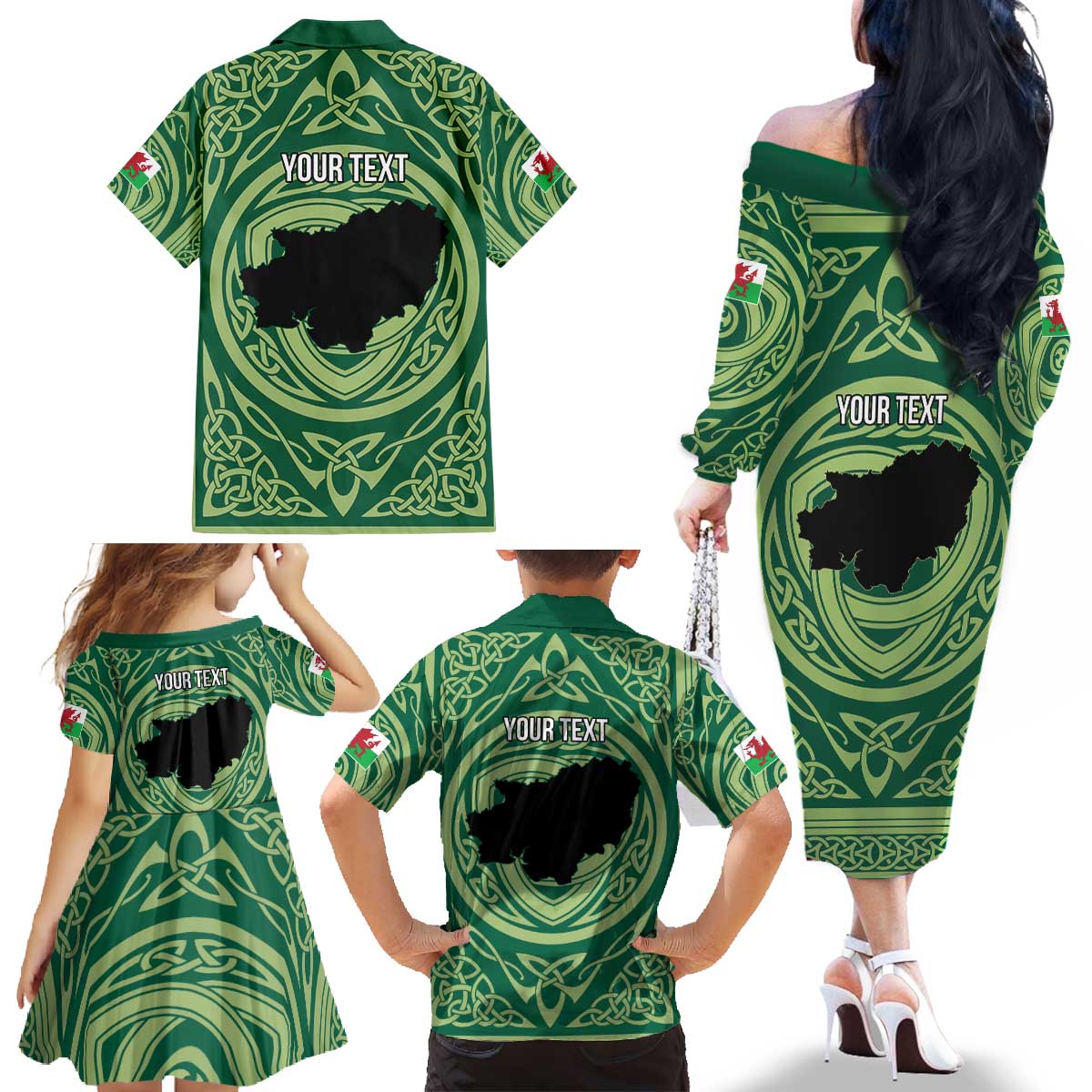 Personalized Carmarthenshire Wales Family Matching Off The Shoulder Long Sleeve Dress and Hawaiian Shirt Map and Emblem Celtic Style - Wonder Print Shop