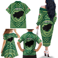 Personalized Carmarthenshire Wales Family Matching Off The Shoulder Long Sleeve Dress and Hawaiian Shirt Map and Emblem Celtic Style - Wonder Print Shop