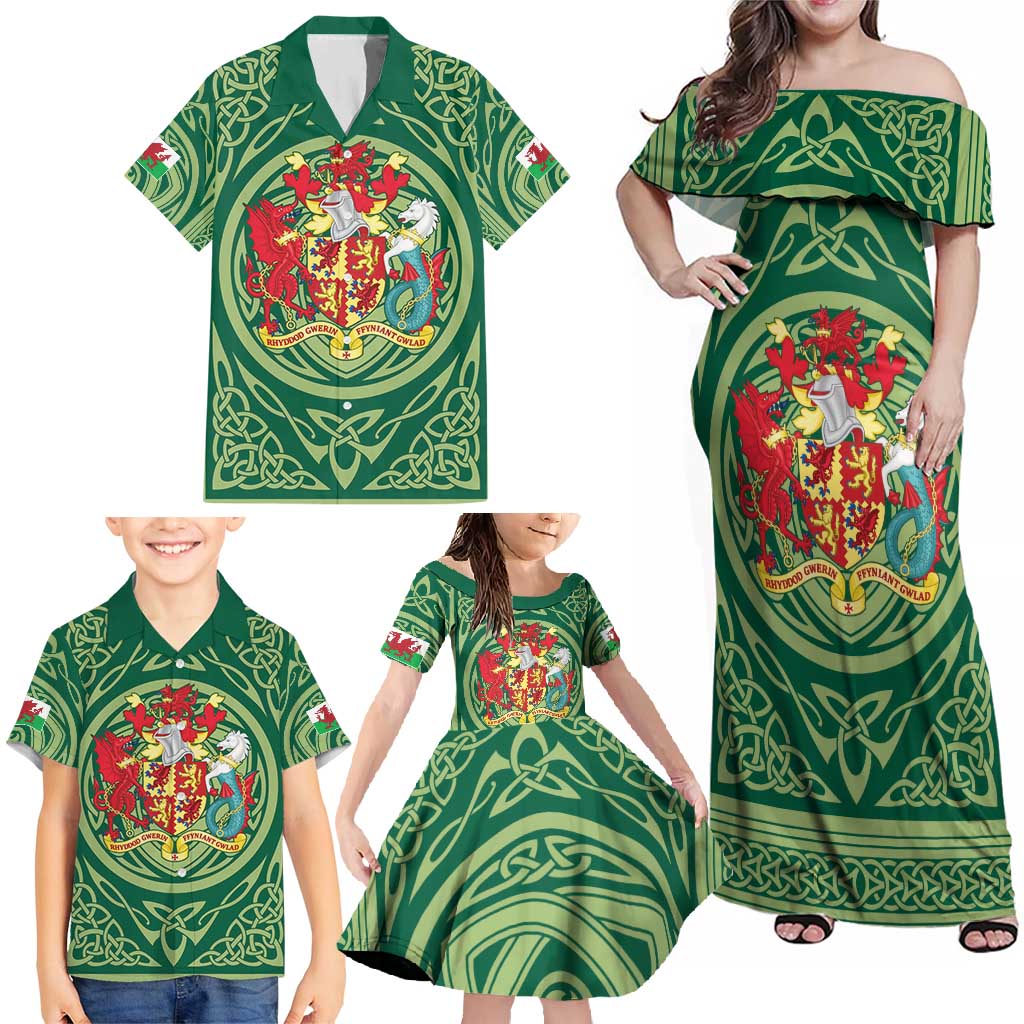 Personalized Carmarthenshire Wales Family Matching Off Shoulder Maxi Dress and Hawaiian Shirt Map and Emblem Celtic Style - Wonder Print Shop