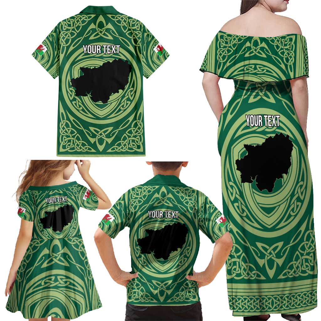 Personalized Carmarthenshire Wales Family Matching Off Shoulder Maxi Dress and Hawaiian Shirt Map and Emblem Celtic Style - Wonder Print Shop