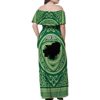 Personalized Carmarthenshire Wales Family Matching Off Shoulder Maxi Dress and Hawaiian Shirt Map and Emblem Celtic Style - Wonder Print Shop