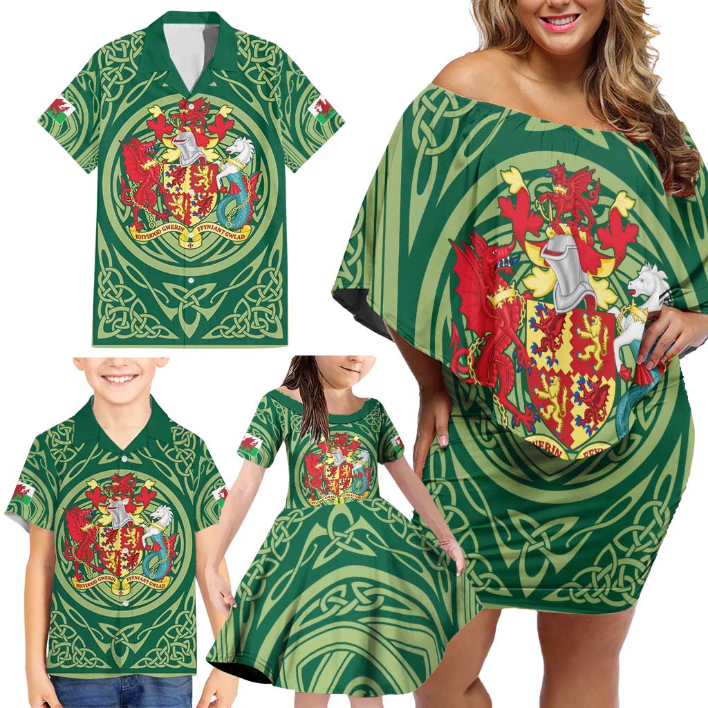 Personalized Carmarthenshire Wales Family Matching Off Shoulder Short Dress and Hawaiian Shirt Map and Emblem Celtic Style - Wonder Print Shop