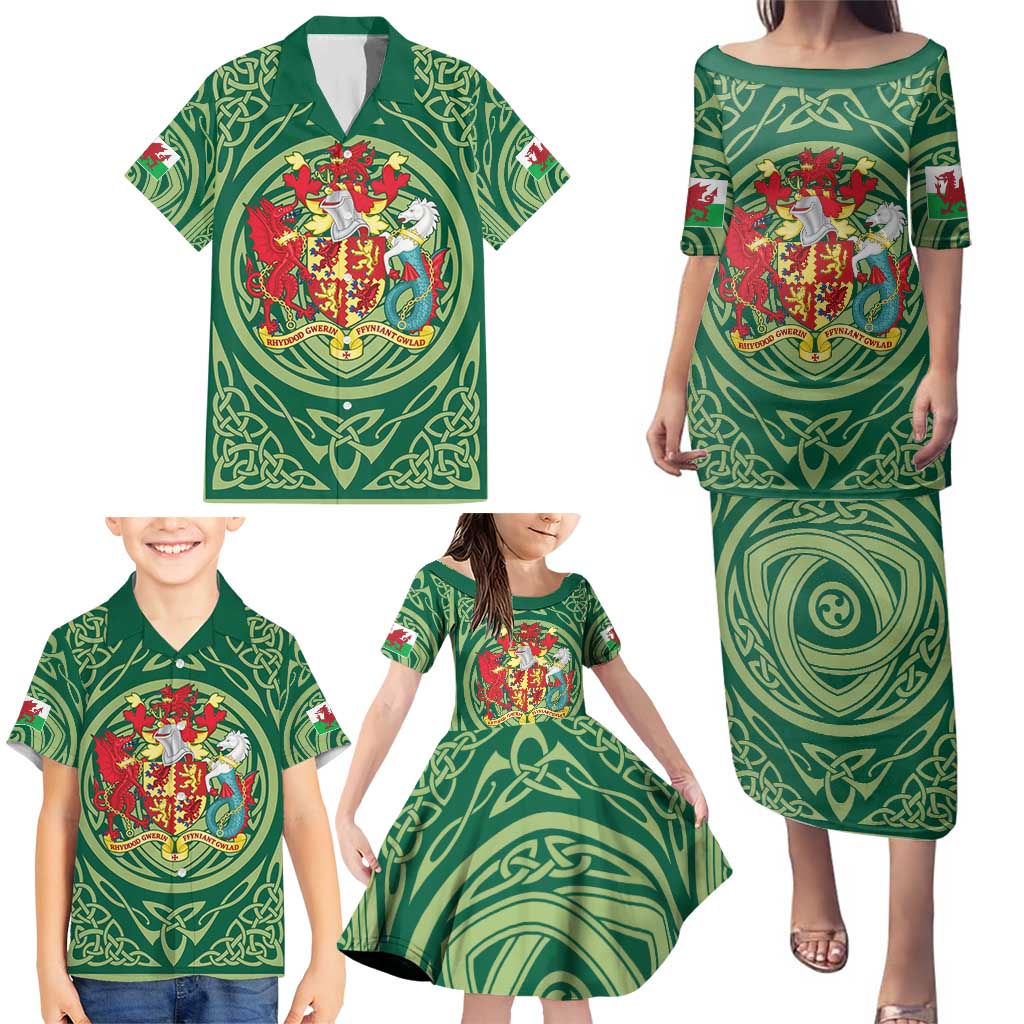 Personalized Carmarthenshire Wales Family Matching Puletasi and Hawaiian Shirt Map and Emblem Celtic Style - Wonder Print Shop
