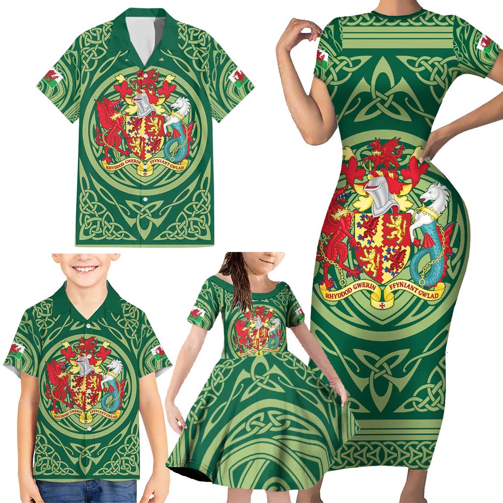 Personalized Carmarthenshire Wales Family Matching Short Sleeve Bodycon Dress and Hawaiian Shirt Map and Emblem Celtic Style - Wonder Print Shop