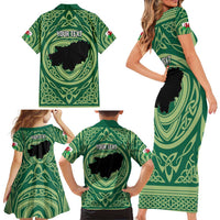 Personalized Carmarthenshire Wales Family Matching Short Sleeve Bodycon Dress and Hawaiian Shirt Map and Emblem Celtic Style - Wonder Print Shop