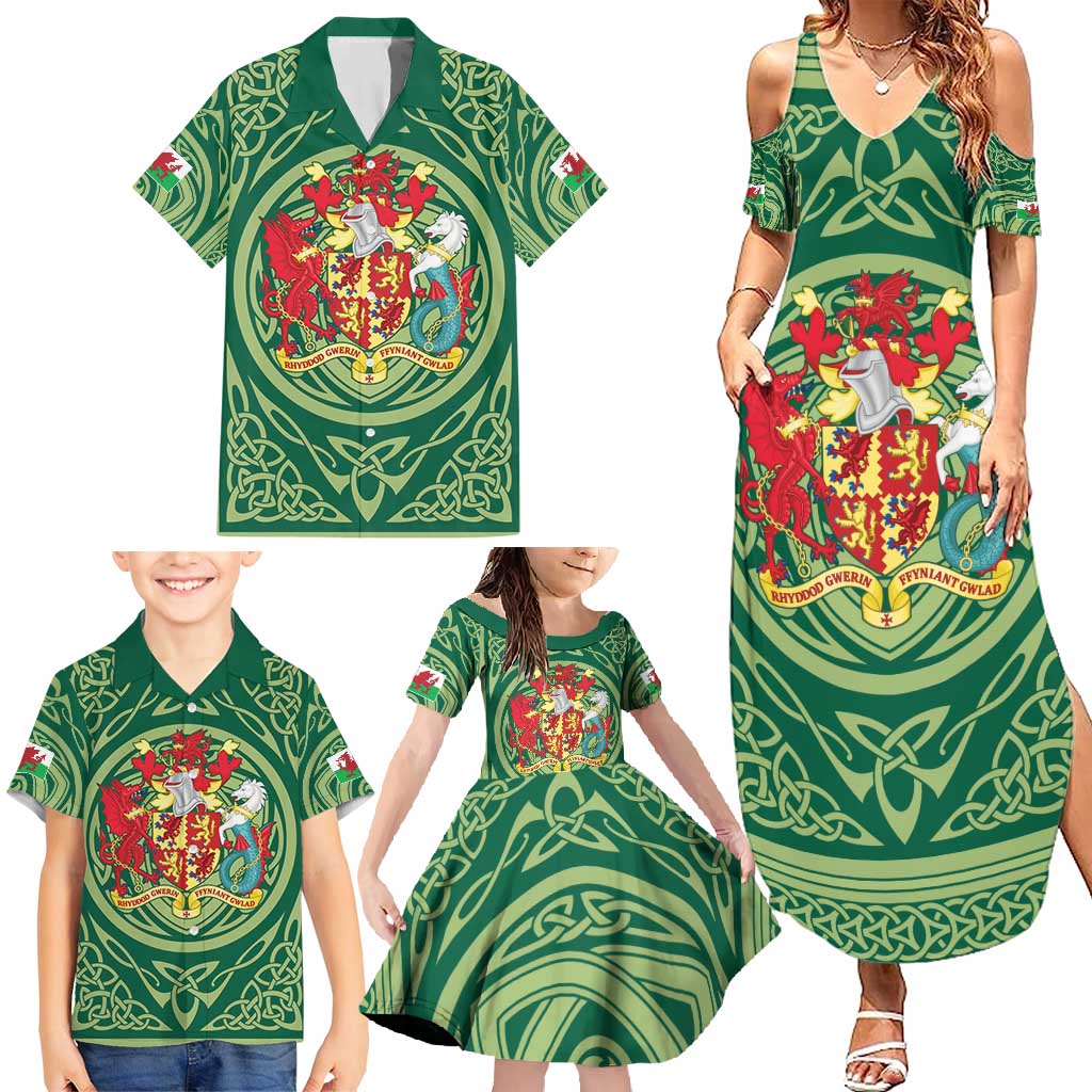 Personalized Carmarthenshire Wales Family Matching Summer Maxi Dress and Hawaiian Shirt Map and Emblem Celtic Style - Wonder Print Shop