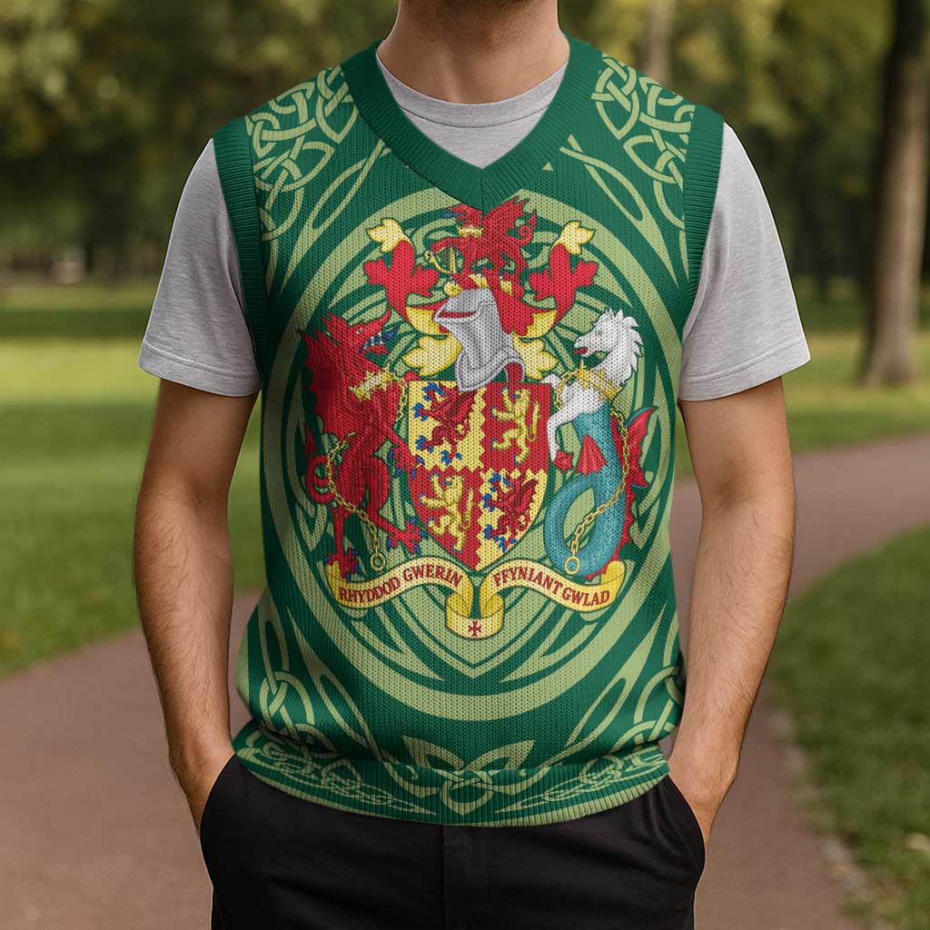 Personalized Carmarthenshire Wales Christmas Knitted V-Neck Vest Map and Emblem Celtic Style - Wonder Print Shop