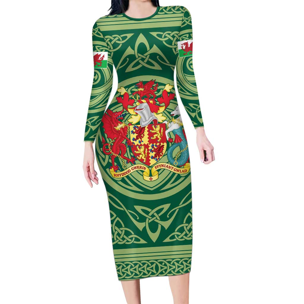 Personalized Carmarthenshire Wales Long Sleeve Bodycon Dress Map and Emblem Celtic Style - Wonder Print Shop