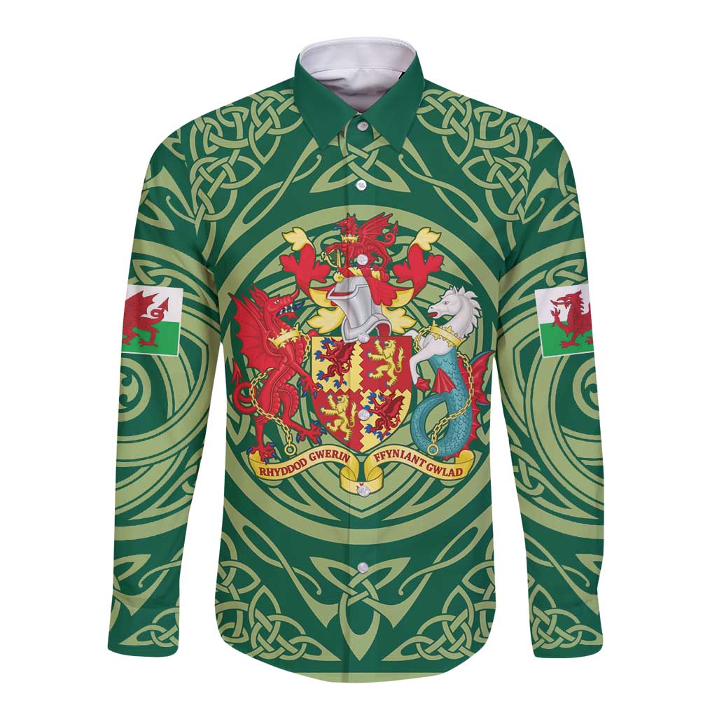 Personalized Carmarthenshire Wales Long Sleeve Button Shirt Map and Emblem Celtic Style - Wonder Print Shop