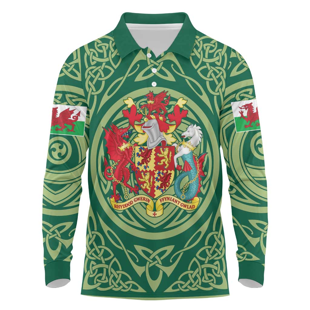 Personalized Carmarthenshire Wales Long Sleeve Polo Shirt Map and Emblem Celtic Style - Wonder Print Shop