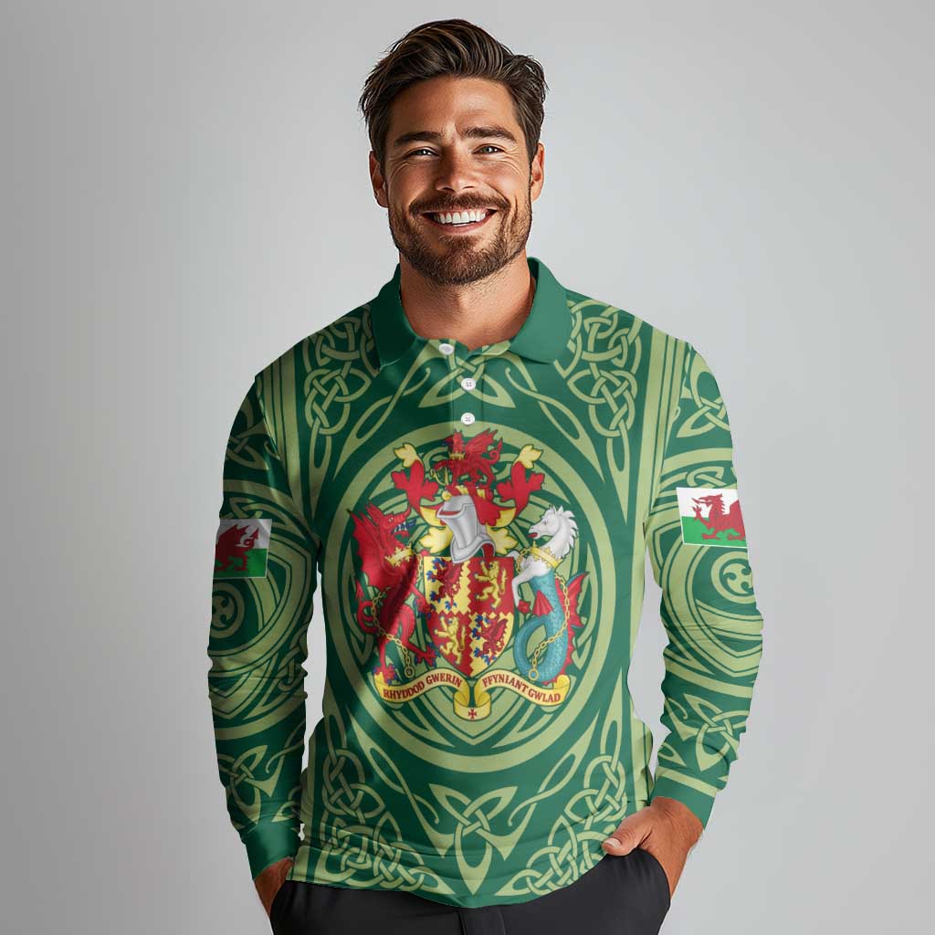 Personalized Carmarthenshire Wales Long Sleeve Polo Shirt Map and Emblem Celtic Style - Wonder Print Shop