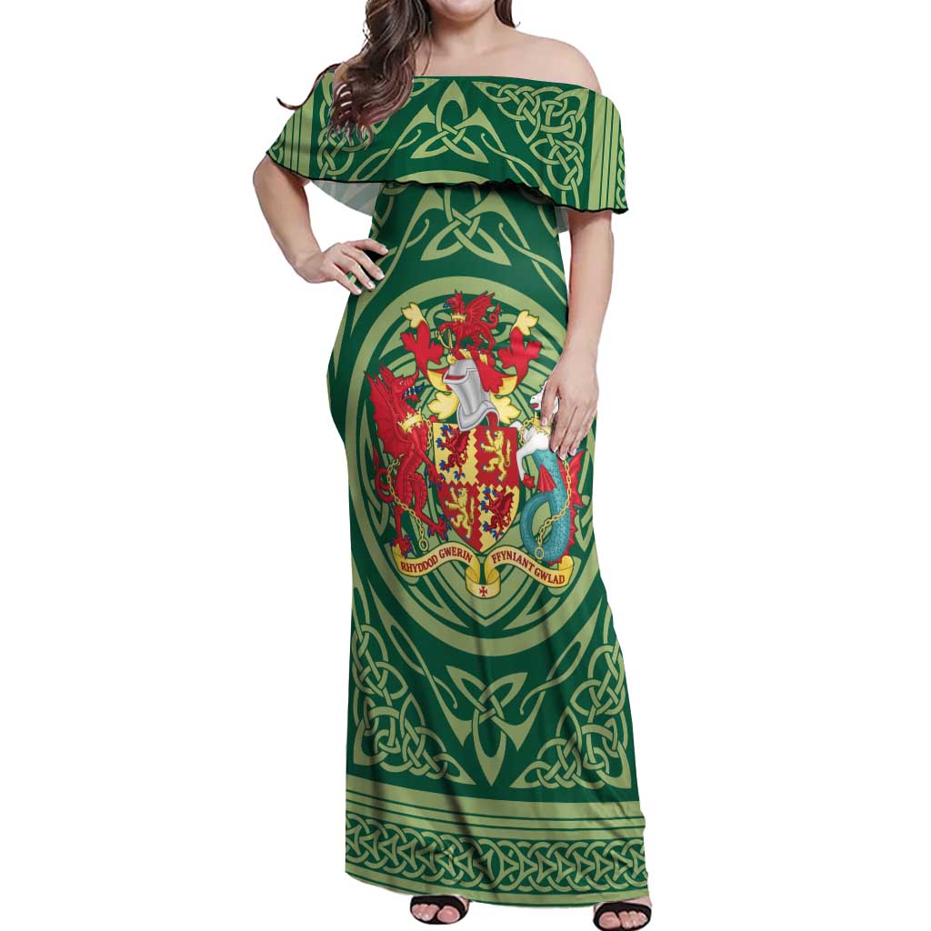 Personalized Carmarthenshire Wales Off Shoulder Maxi Dress Map and Emblem Celtic Style - Wonder Print Shop