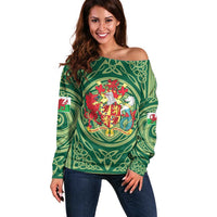 Personalized Carmarthenshire Wales Off Shoulder Sweater Map and Emblem Celtic Style - Wonder Print Shop