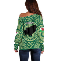 Personalized Carmarthenshire Wales Off Shoulder Sweater Map and Emblem Celtic Style - Wonder Print Shop