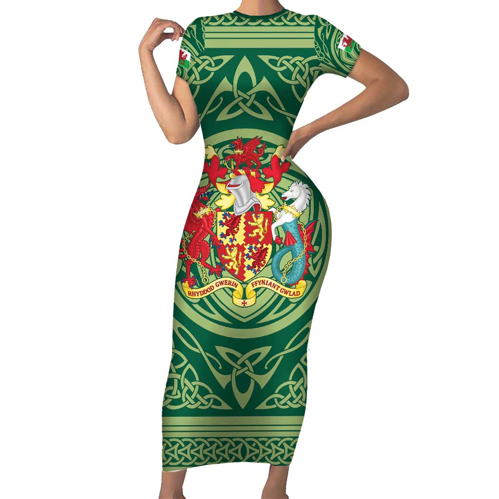 Personalized Carmarthenshire Wales Short Sleeve Bodycon Dress Map and Emblem Celtic Style - Wonder Print Shop