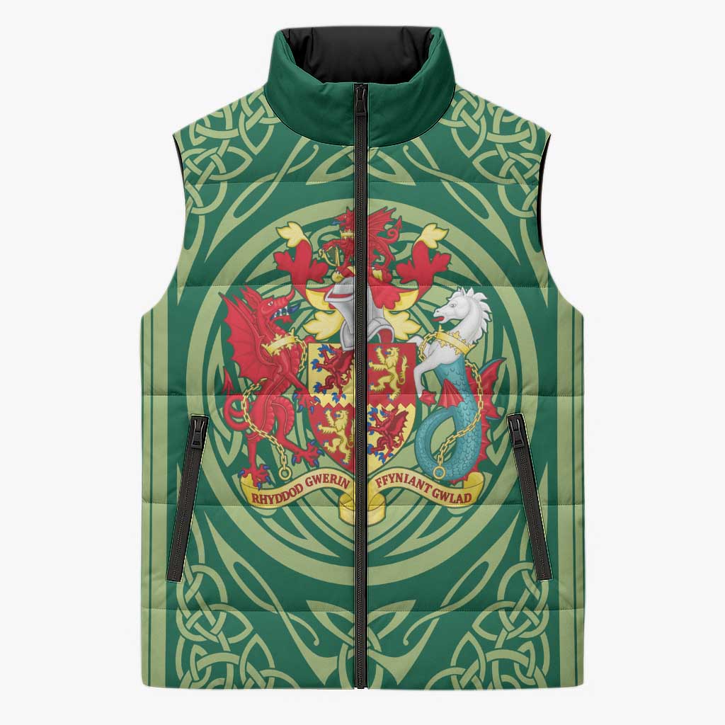 Personalized Carmarthenshire Wales Sleeveless Puffer Jacket Map and Emblem Celtic Style - Wonder Print Shop