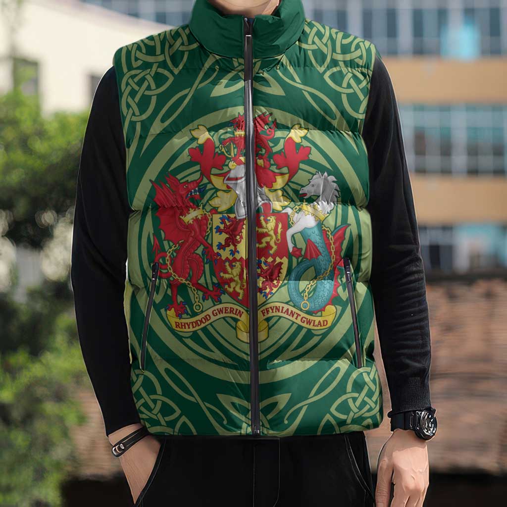 Personalized Carmarthenshire Wales Sleeveless Puffer Jacket Map and Emblem Celtic Style - Wonder Print Shop