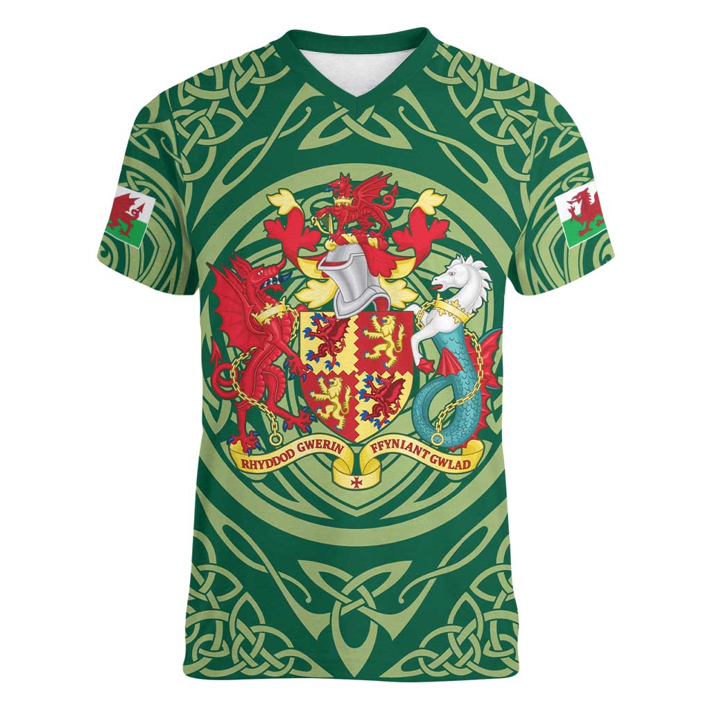 Personalized Carmarthenshire Wales Women V-Neck T-Shirt Map and Emblem Celtic Style - Wonder Print Shop