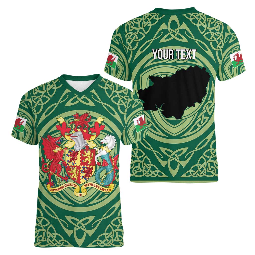 Personalized Carmarthenshire Wales Women V-Neck T-Shirt Map and Emblem Celtic Style - Wonder Print Shop