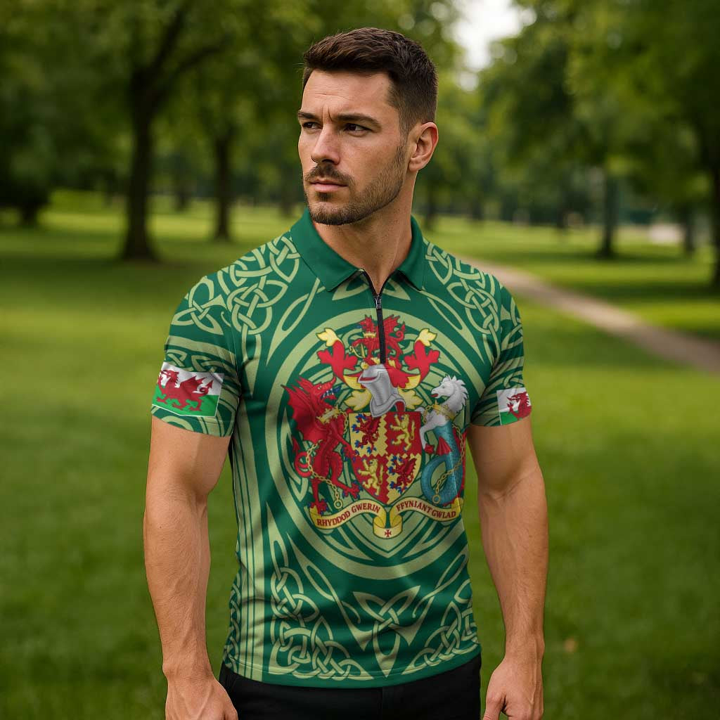 Personalized Carmarthenshire Wales Zipper Polo Shirt Map and Emblem Celtic Style - Wonder Print Shop