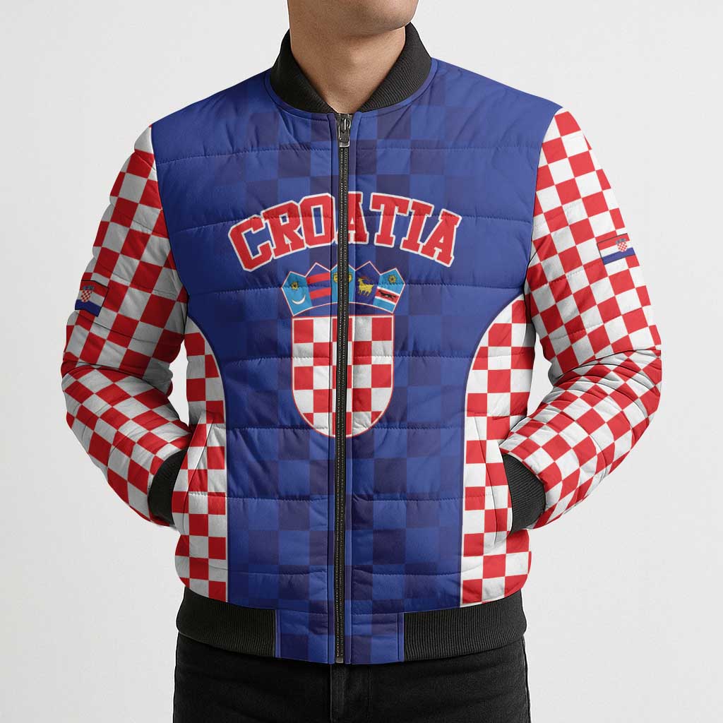 Custom Croatia National Heritage Bomber Puffer Jacket Blue Checkered Croatian Pride - Wonder Print Shop