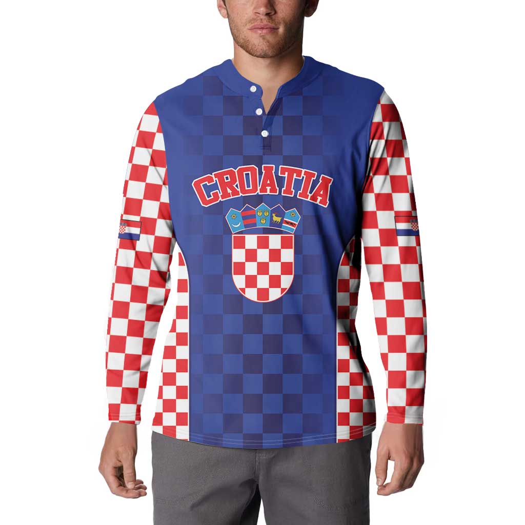 Custom Croatia National Heritage Button Sweatshirt Blue Checkered Croatian Pride - Wonder Print Shop
