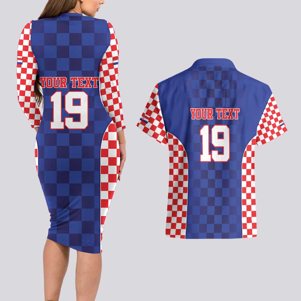 Custom Croatia National Heritage Couples Matching Long Sleeve Bodycon Dress and Hawaiian Shirt Blue Checkered Croatian Pride - Wonder Print Shop
