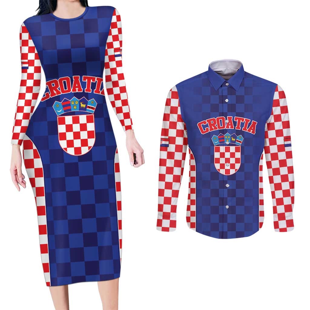 Custom Croatia National Heritage Couples Matching Long Sleeve Bodycon Dress and Long Sleeve Button Shirt Blue Checkered Croatian Pride - Wonder Print Shop