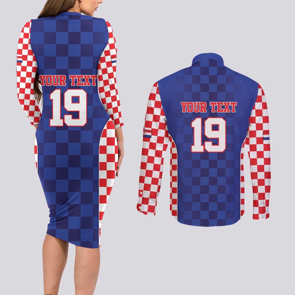 Custom Croatia National Heritage Couples Matching Long Sleeve Bodycon Dress and Long Sleeve Button Shirt Blue Checkered Croatian Pride - Wonder Print Shop