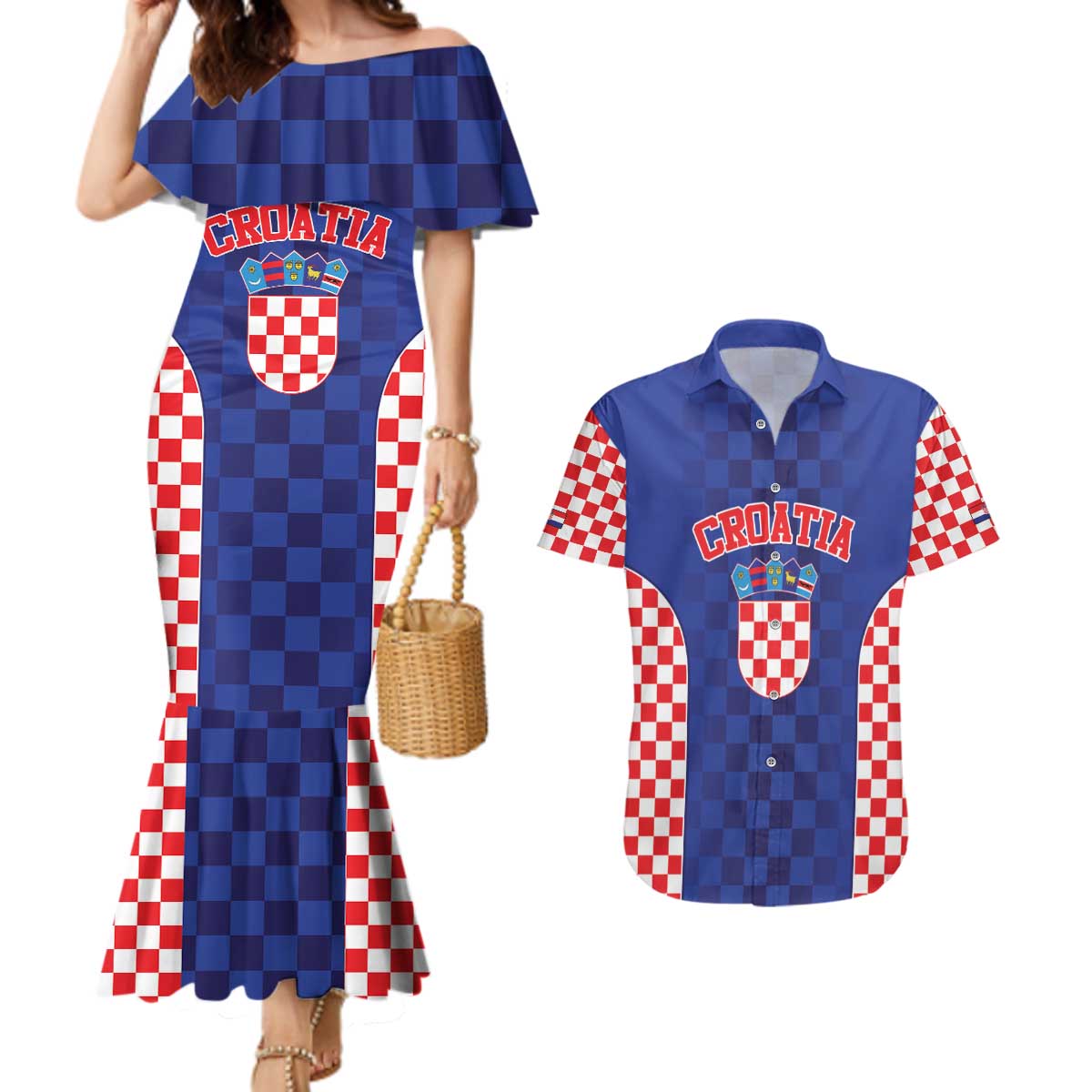 Custom Croatia National Heritage Couples Matching Mermaid Dress and Hawaiian Shirt Blue Checkered Croatian Pride - Wonder Print Shop