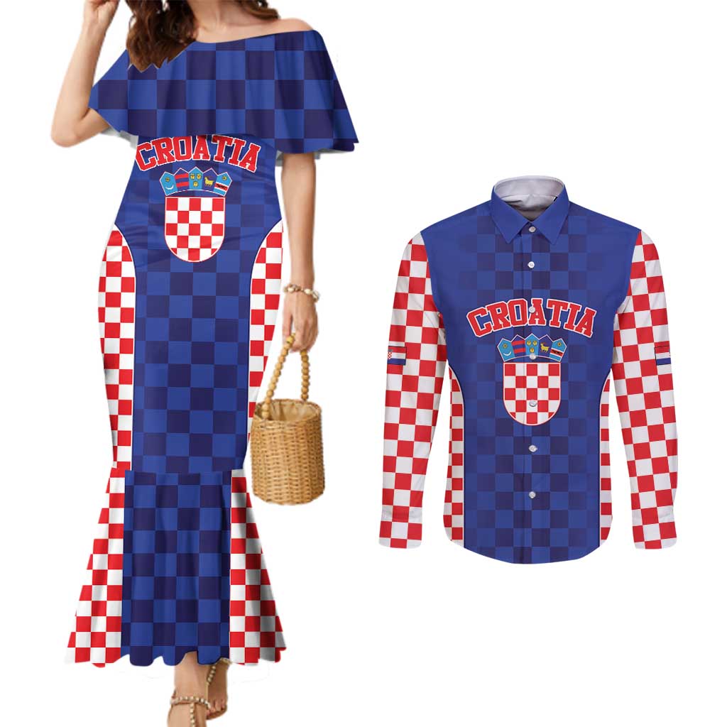 Custom Croatia National Heritage Couples Matching Mermaid Dress and Long Sleeve Button Shirt Blue Checkered Croatian Pride - Wonder Print Shop