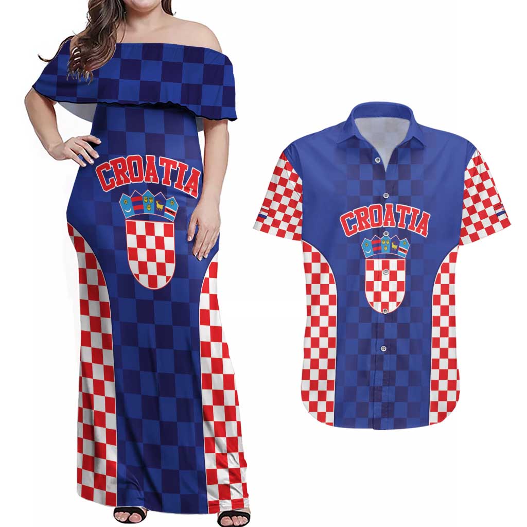 Custom Croatia National Heritage Couples Matching Off Shoulder Maxi Dress and Hawaiian Shirt Blue Checkered Croatian Pride - Wonder Print Shop