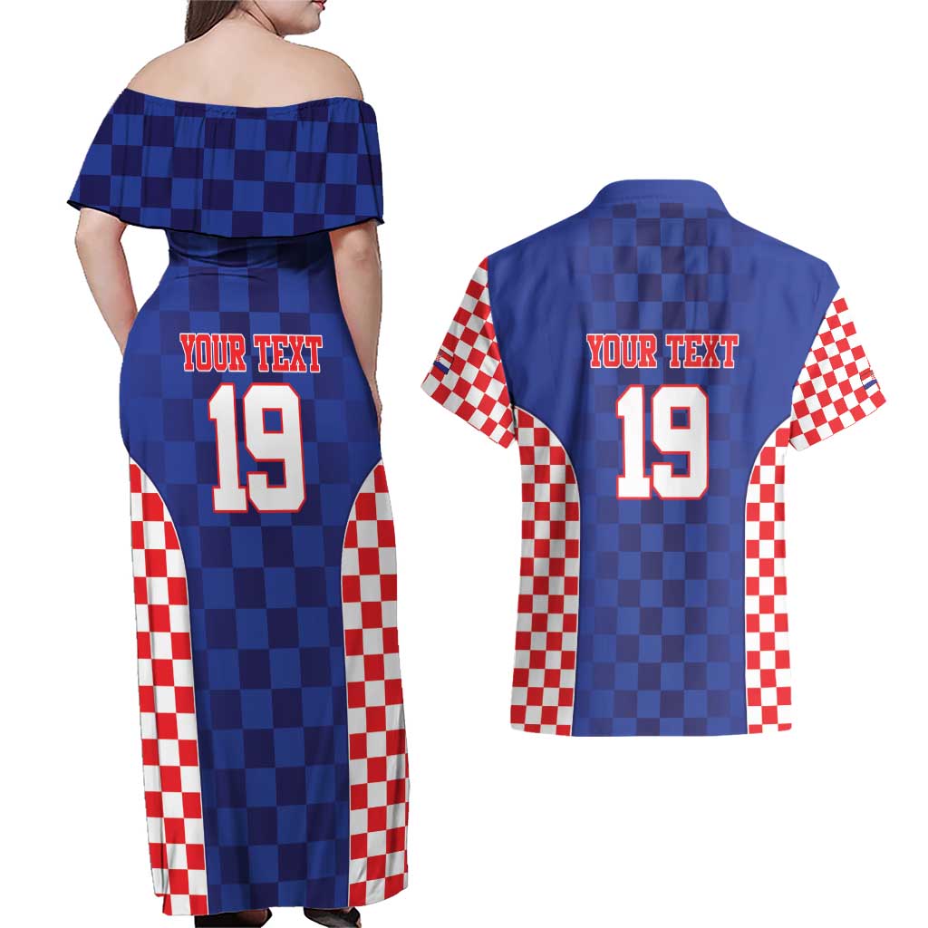 Custom Croatia National Heritage Couples Matching Off Shoulder Maxi Dress and Hawaiian Shirt Blue Checkered Croatian Pride - Wonder Print Shop