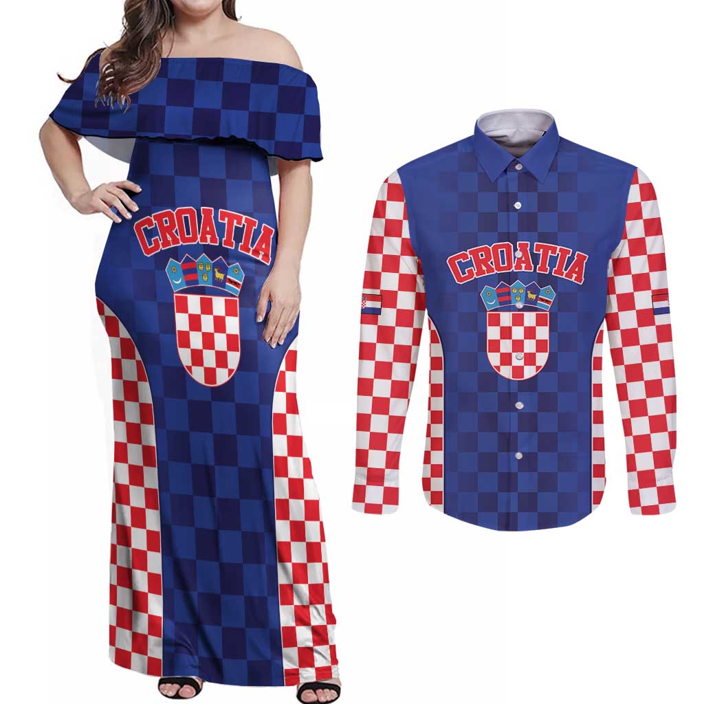 Custom Croatia National Heritage Couples Matching Off Shoulder Maxi Dress and Long Sleeve Button Shirt Blue Checkered Croatian Pride - Wonder Print Shop