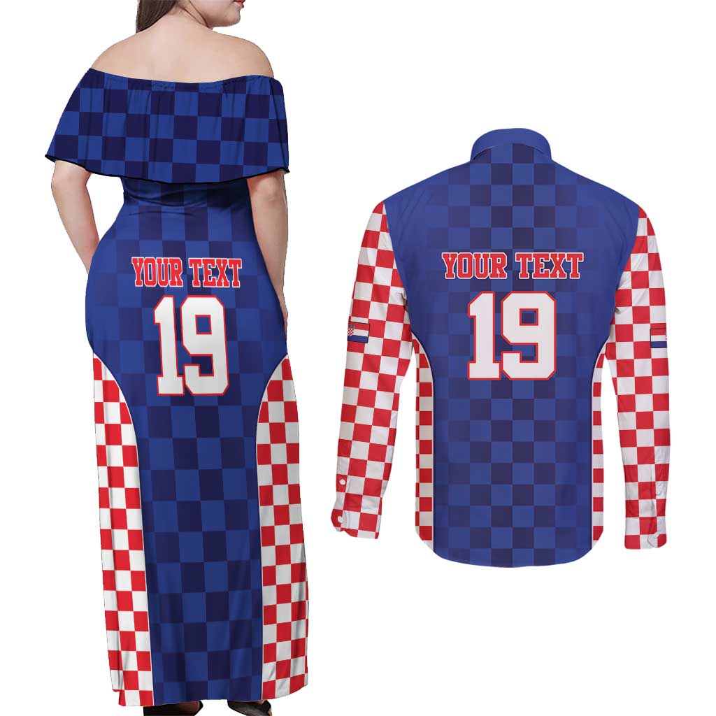 Custom Croatia National Heritage Couples Matching Off Shoulder Maxi Dress and Long Sleeve Button Shirt Blue Checkered Croatian Pride - Wonder Print Shop