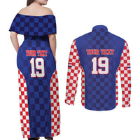 Custom Croatia National Heritage Couples Matching Off Shoulder Maxi Dress and Long Sleeve Button Shirt Blue Checkered Croatian Pride - Wonder Print Shop