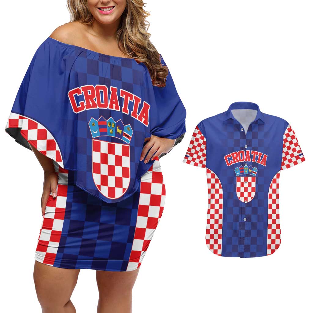 Custom Croatia National Heritage Couples Matching Off Shoulder Short Dress and Hawaiian Shirt Blue Checkered Croatian Pride - Wonder Print Shop