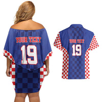 Custom Croatia National Heritage Couples Matching Off Shoulder Short Dress and Hawaiian Shirt Blue Checkered Croatian Pride - Wonder Print Shop