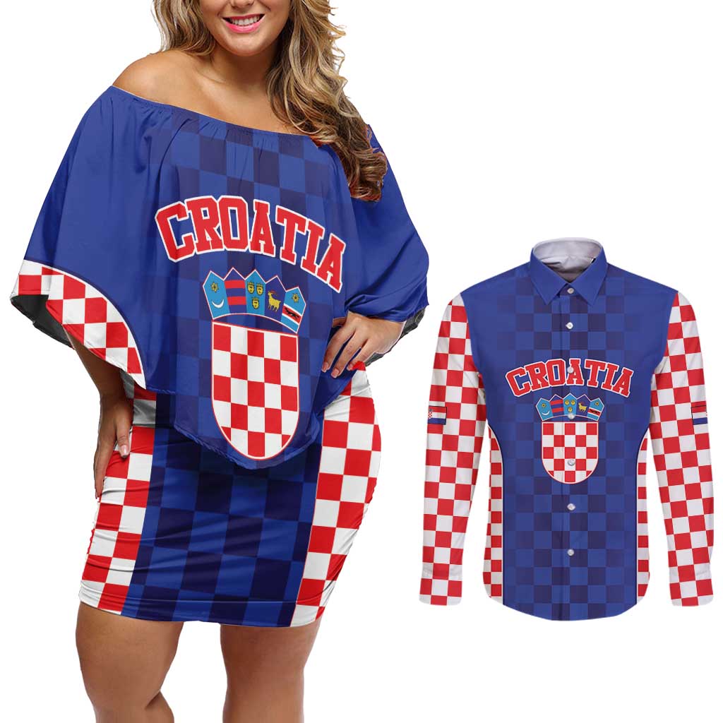 Custom Croatia National Heritage Couples Matching Off Shoulder Short Dress and Long Sleeve Button Shirt Blue Checkered Croatian Pride - Wonder Print Shop