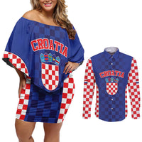 Custom Croatia National Heritage Couples Matching Off Shoulder Short Dress and Long Sleeve Button Shirt Blue Checkered Croatian Pride - Wonder Print Shop