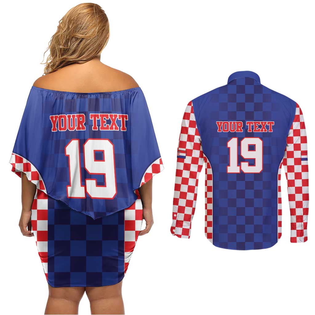 Custom Croatia National Heritage Couples Matching Off Shoulder Short Dress and Long Sleeve Button Shirt Blue Checkered Croatian Pride - Wonder Print Shop