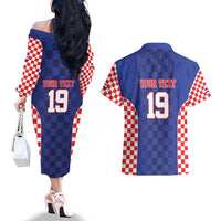 Custom Croatia National Heritage Couples Matching Off The Shoulder Long Sleeve Dress and Hawaiian Shirt Blue Checkered Croatian Pride - Wonder Print Shop