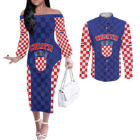 Custom Croatia National Heritage Couples Matching Off The Shoulder Long Sleeve Dress and Long Sleeve Button Shirt Blue Checkered Croatian Pride - Wonder Print Shop