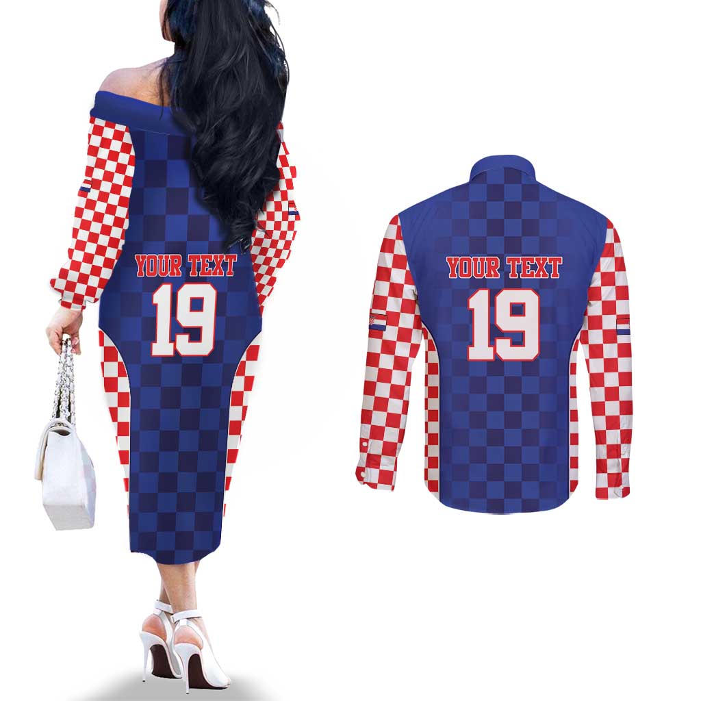 Custom Croatia National Heritage Couples Matching Off The Shoulder Long Sleeve Dress and Long Sleeve Button Shirt Blue Checkered Croatian Pride - Wonder Print Shop