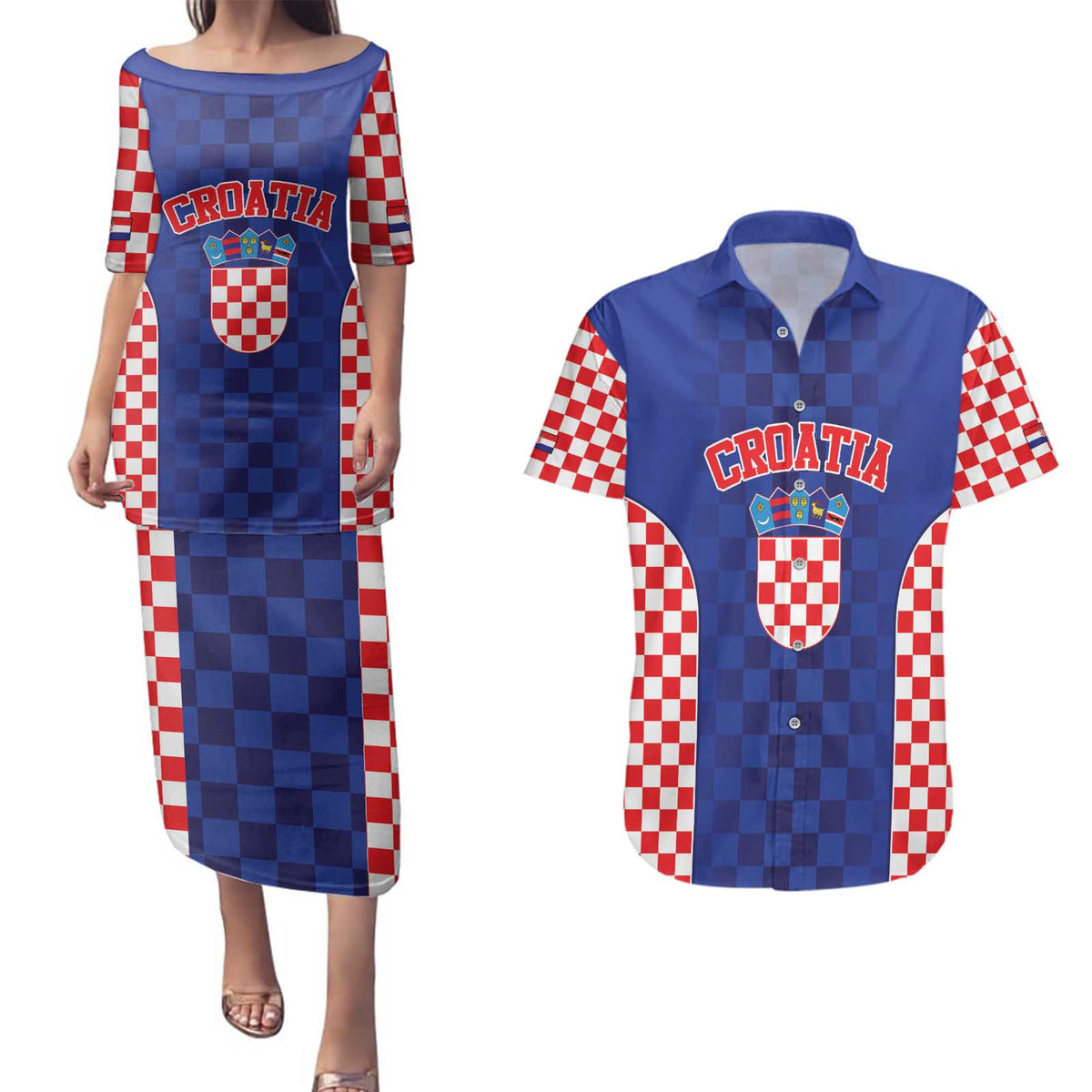 Custom Croatia National Heritage Couples Matching Puletasi and Hawaiian Shirt Blue Checkered Croatian Pride - Wonder Print Shop