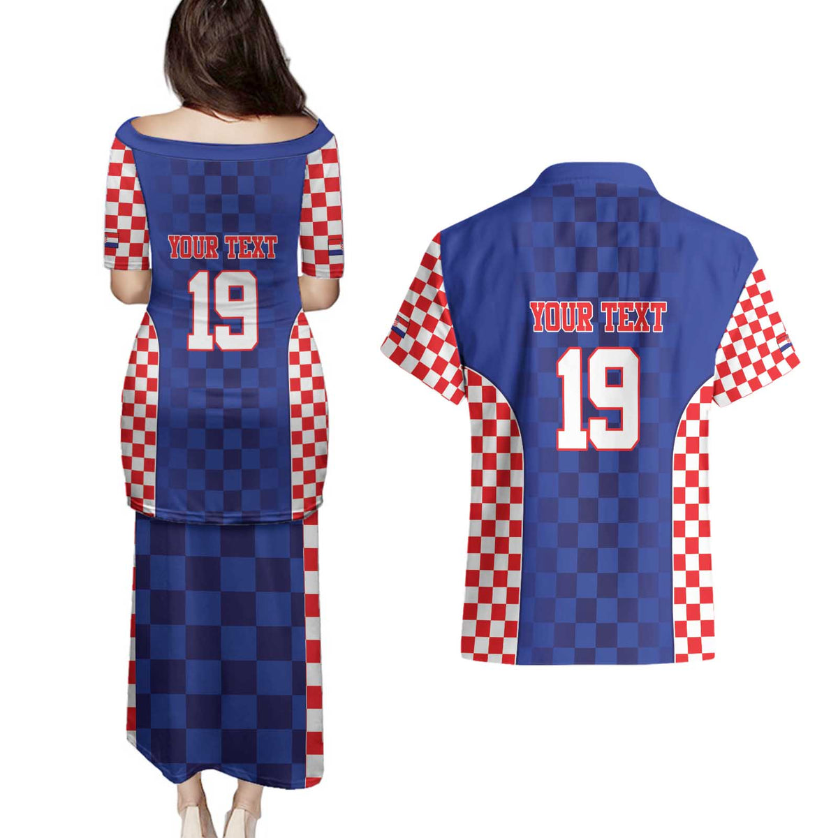 Custom Croatia National Heritage Couples Matching Puletasi and Hawaiian Shirt Blue Checkered Croatian Pride - Wonder Print Shop