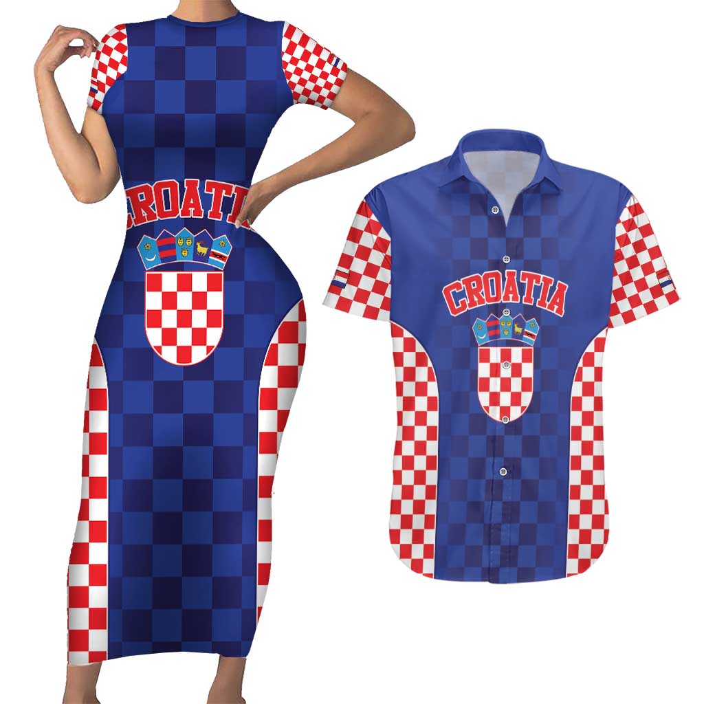 Custom Croatia National Heritage Couples Matching Short Sleeve Bodycon Dress and Hawaiian Shirt Blue Checkered Croatian Pride - Wonder Print Shop
