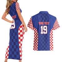 Custom Croatia National Heritage Couples Matching Short Sleeve Bodycon Dress and Hawaiian Shirt Blue Checkered Croatian Pride - Wonder Print Shop