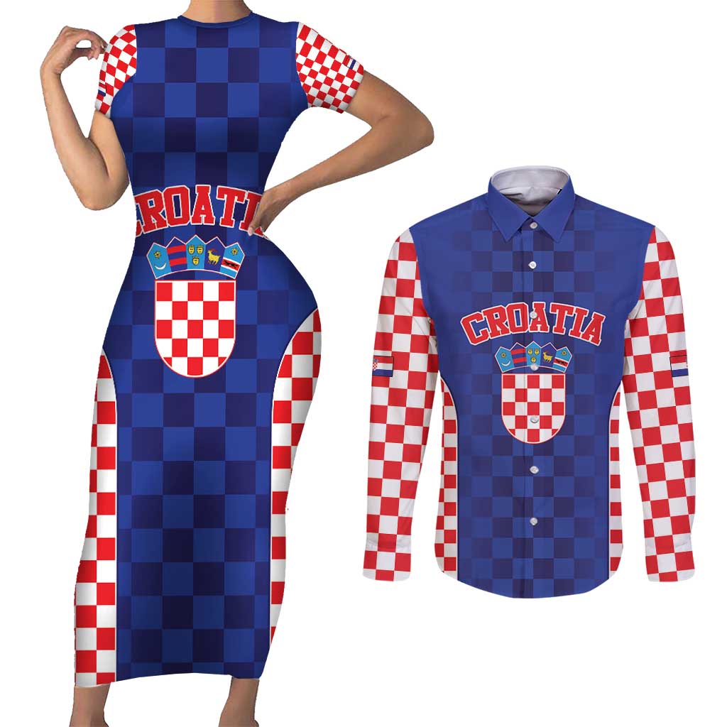 Custom Croatia National Heritage Couples Matching Short Sleeve Bodycon Dress and Long Sleeve Button Shirt Blue Checkered Croatian Pride - Wonder Print Shop